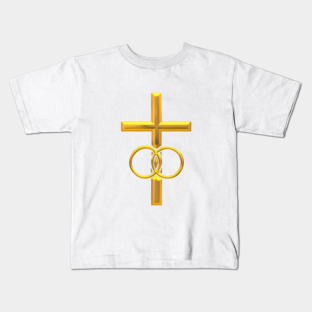 Golden 3-D look Cross with Wedding Rings Kids T-Shirt by Artist4God